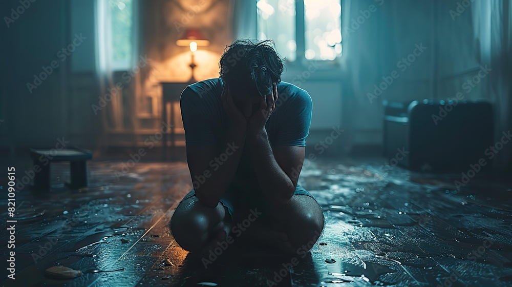 A young man with bipolar disorder grapples with the emotional turmoil of depression, stress, and anxiety, which serve as manifestations of his mental illness..stock photo A young man with bipolar disorder grapples with the emotional turmoil of depression, stress, and anxiety, which serve as manifestations of his mental illness..stock photo
