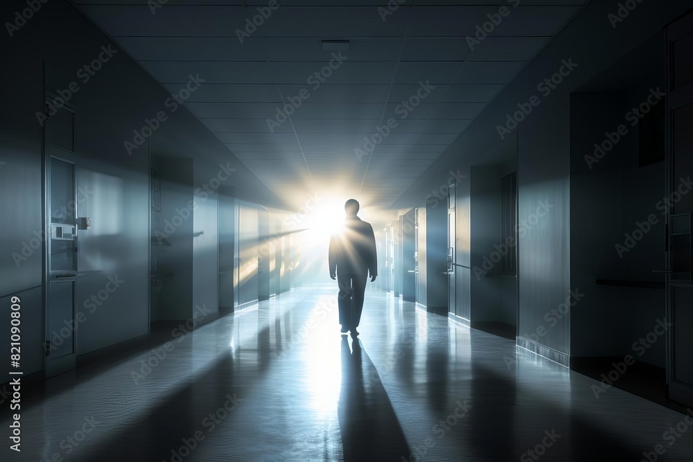 Fototapeta premium A silhouette of a person walking towards bright light at the end of a dark hallway, depicting concept of end of life, night shift, afterlife.