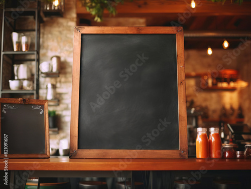 Blank chalkboard sign in a coffee shop, focus on daily specials selective focus, cozy setting, realistic, Multilayer, cafe.