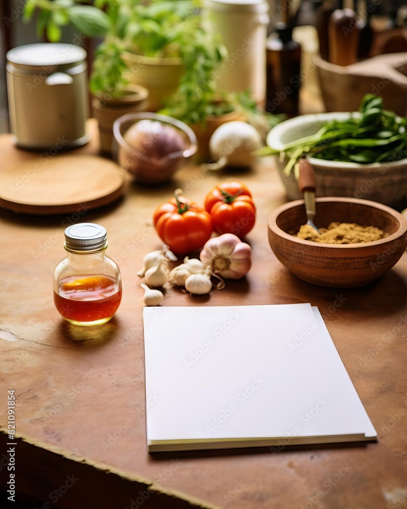 Blank recipe card in a cookbook, focus on culinary arts selective focus, kitchen setting, realistic, Overlay, home kitchen. Blank recipe card in a cookbook, focus on culinary arts selective focus, kitchen setting, realistic, Overlay, home kitchen.