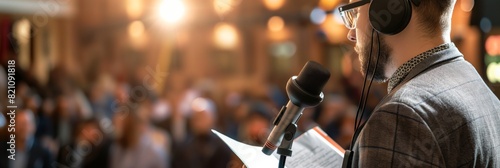 A person giving a lecture or speech at a public speaking event, with blurred audience in background © gunzexx png and bg