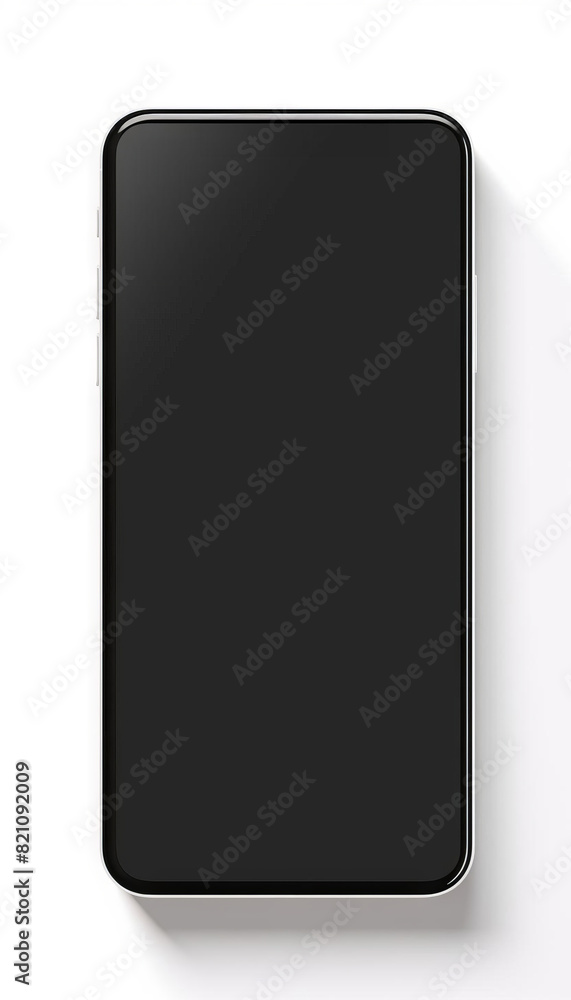Minimalist smartphone screen, blank, sleek design, clean lines, black and silver tones, reflective surface, modern tech aesthetic, isolated on white background.