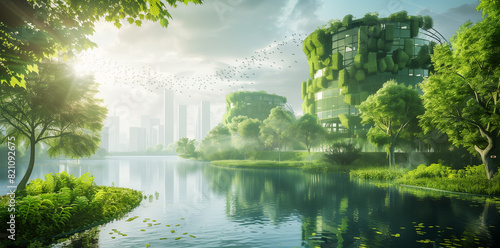 Conceptual art of a sustainable eco-city  blending green architecture and renewable energy sources
