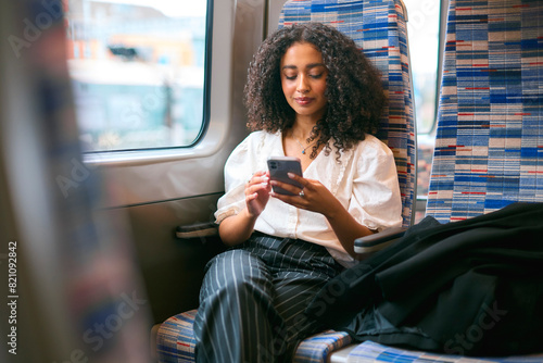 Businesswoman Commuting To Work On Train Sitting Checking Messages Or Social Media On Mobile Phone