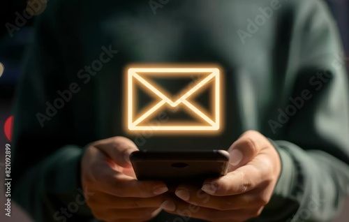 A person holding smartphone with virtual glowing envelope icon