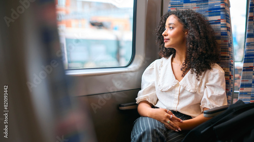 Quadro su tela Businesswoman Commuting To Work On Train Sitting And Relaxing Looking Out Of Win
