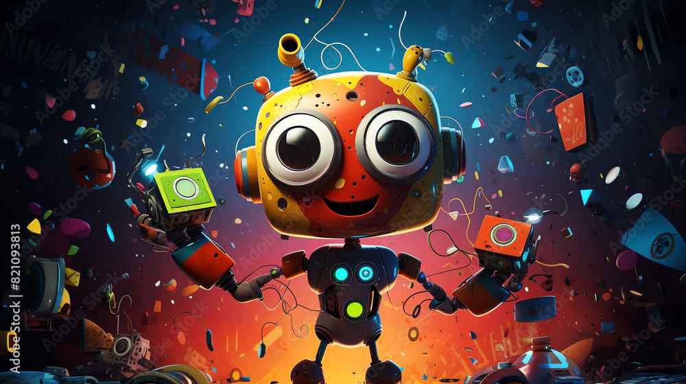 A robot stands in a colorful and abstract world A robot stands in a colorful and abstract world