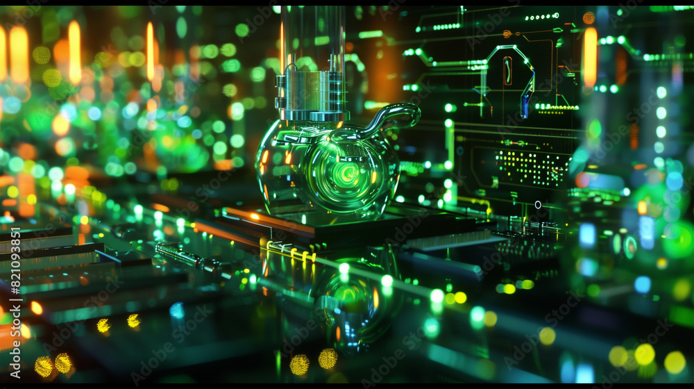 Obraz premium Dynamic visualization of quantum computing mechanisms, featuring qubits in a high-tech environment