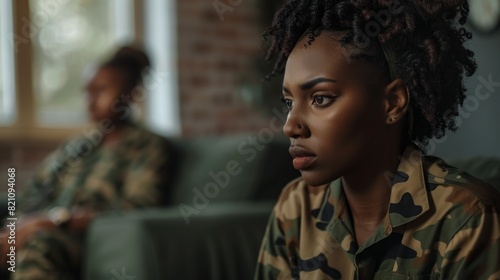 A woman with a nose ring and a military uniform is sitting on a couch photo