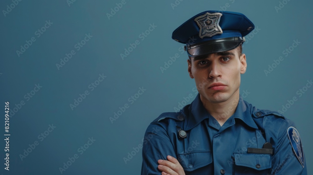A police officer standing in a confident pose against a solid blue background. A police officer standing in a confident pose against a solid blue background.