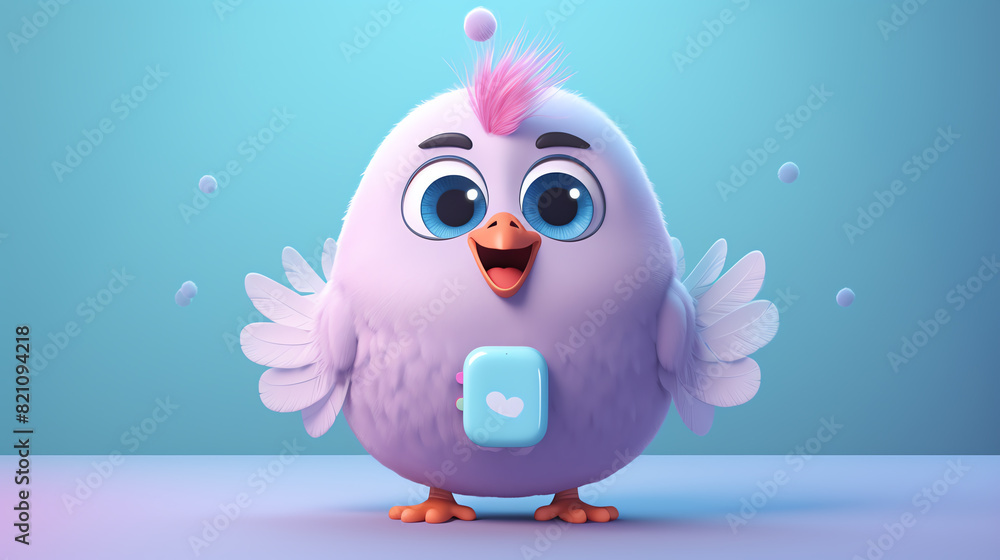 A cute 3D cartoon bird. The bird is purple with a pink belly and a yellow beak. It has its wings spread out and is smiling. A cute 3D cartoon bird. The bird is purple with a pink belly and a yellow beak. It has its wings spread out and is smiling.