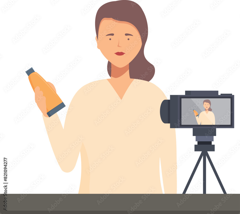 Confident woman showcases a product while recording a vlog, perfect for content creation themes Confident woman showcases a product while recording a vlog, perfect for content creation themes