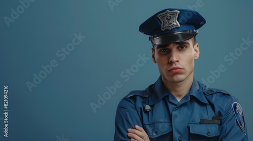 A police officer standing in a confident pose against a solid blue background.