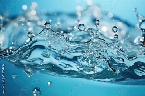 Water salpics and isolated drops on a abstract white background with blue water wave, generative IA