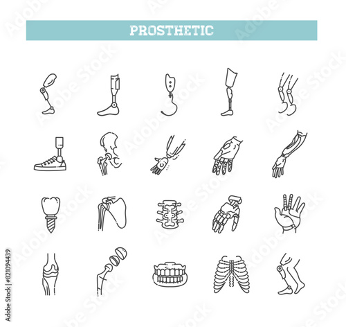 A set of line icons prosthetics in vector. Artificial limbs icons set