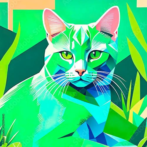 Close-up of a cute schematic green cat sitting in a green gradient garden