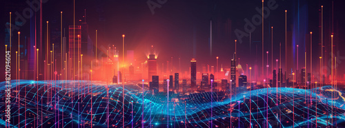 Intersecting Smart City and Abstract Dot Point with Gradient Line and Aesthetic Wave Design, Emphasizing Big Data Connection Technology.