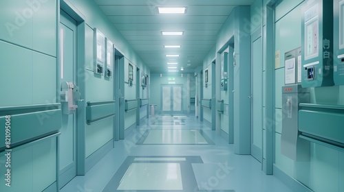 Hospital Operating Room Corridor with Light Blue and White Color Scheme and Chinese Animation