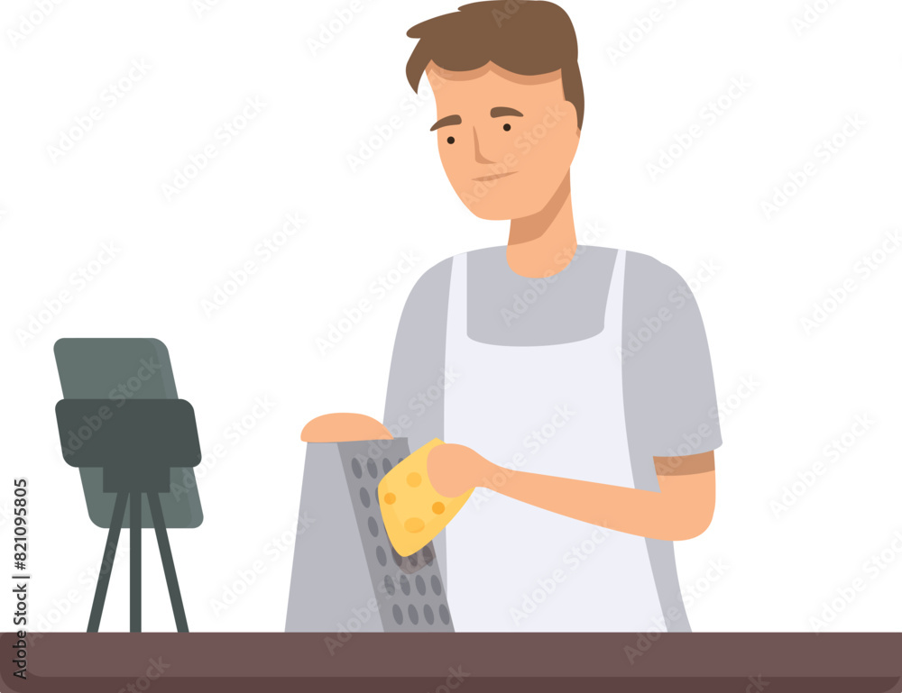 Young man prepares food by grating cheese, standing in a home kitchen with a focused look Young man prepares food by grating cheese, standing in a home kitchen with a focused look
