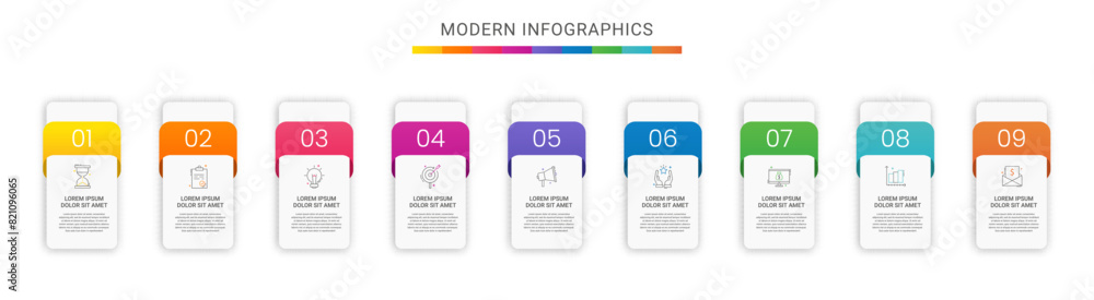 Vector infographics rectangle with nine data templates. Modern illustration Can be used for workflow layout, business steps, banners, web design, brochure, presentation Vector infographics rectangle with nine data templates. Modern illustration Can be used for workflow layout, business steps, banners, web design, brochure, presentation