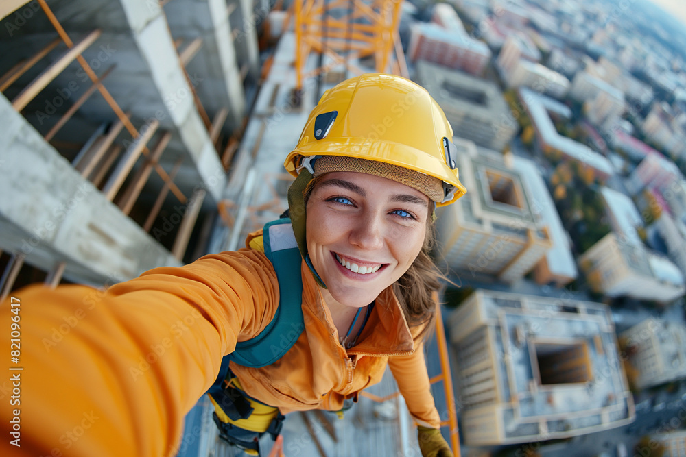 construction, engineering, architecture, building, beautiful woman working in construction taking a selfie in a building under construction concept of safety at work construction, engineering, architecture, building, beautiful woman working in construction taking a selfie in a building under construction concept of safety at work