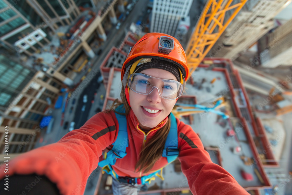 construction, engineering, architecture, building, beautiful woman working in construction taking a selfie in a building under construction concept of safety at work construction, engineering, architecture, building, beautiful woman working in construction taking a selfie in a building under construction concept of safety at work