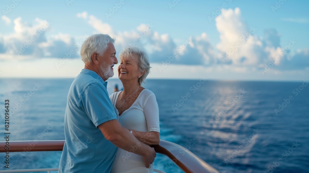 Elderly couple embracing on cruise ship deck at sunset. Elderly couple embracing on cruise ship deck at sunset.