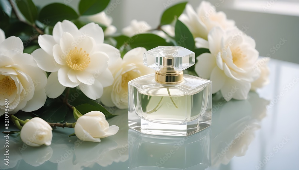 Abstract 3D Flowers with Perfume Bottle: Photorealistic Rendering of Pink and White Peonies and Cherry Blossoms, High Detail, Soft Colors, and Fragmented Advertising Style Abstract 3D Flowers with Perfume Bottle: Photorealistic Rendering of Pink and White Peonies and Cherry Blossoms, High Detail, Soft Colors, and Fragmented Advertising Style