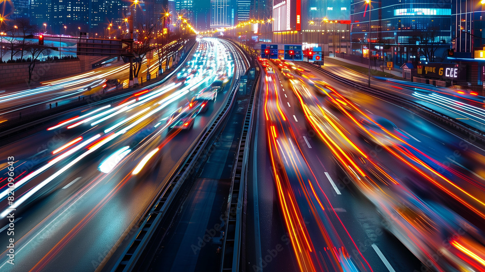 Fast-paced city traffic on an urban highway during evening rush hour, with car headlights and dynamic night transport highlighted by motion blur and long exposure photography Fast-paced city traffic on an urban highway during evening rush hour, with car headlights and dynamic night transport highlighted by motion blur and long exposure photography