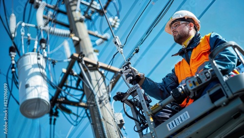 An industrial technician in an orange safety vest and hard hat operates and inspects electrical equipment and piping against a bright blue sky at a power plant.