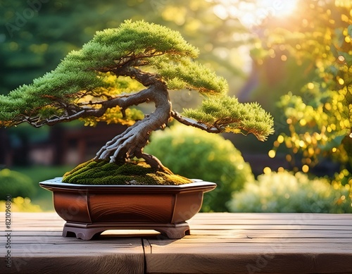 Close view of a beautiful bonsai tree on top of a wooden table in a garden surrounded by green plants and flowers. in golden hour