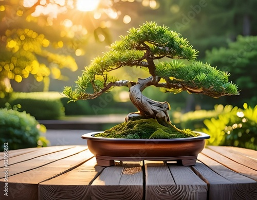 Close view of a beautiful bonsai tree on top of a wooden table in a garden surrounded by green plants and flowers. in golden hour