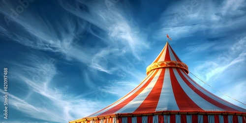 Colorful circus tent with red and white stripes set against a blue sky. Concept Circus Tent, Red-White Stripes, Blue Sky, Colorful Theme
