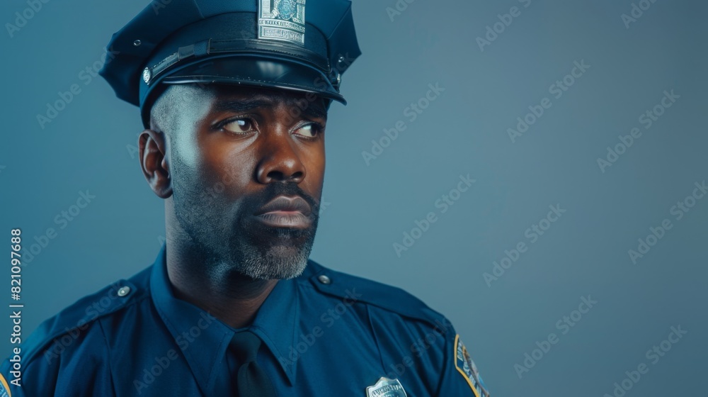 A police officer in a blue uniform and hat looks serious while posing against a plain blue backdrop under studio lighting. A police officer in a blue uniform and hat looks serious while posing against a plain blue backdrop under studio lighting.