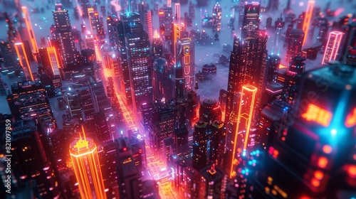 Vivid depiction of a futuristic cityscape illuminated by neon lights, featuring towering skyscrapers and vibrant urban life under a misty sky.
