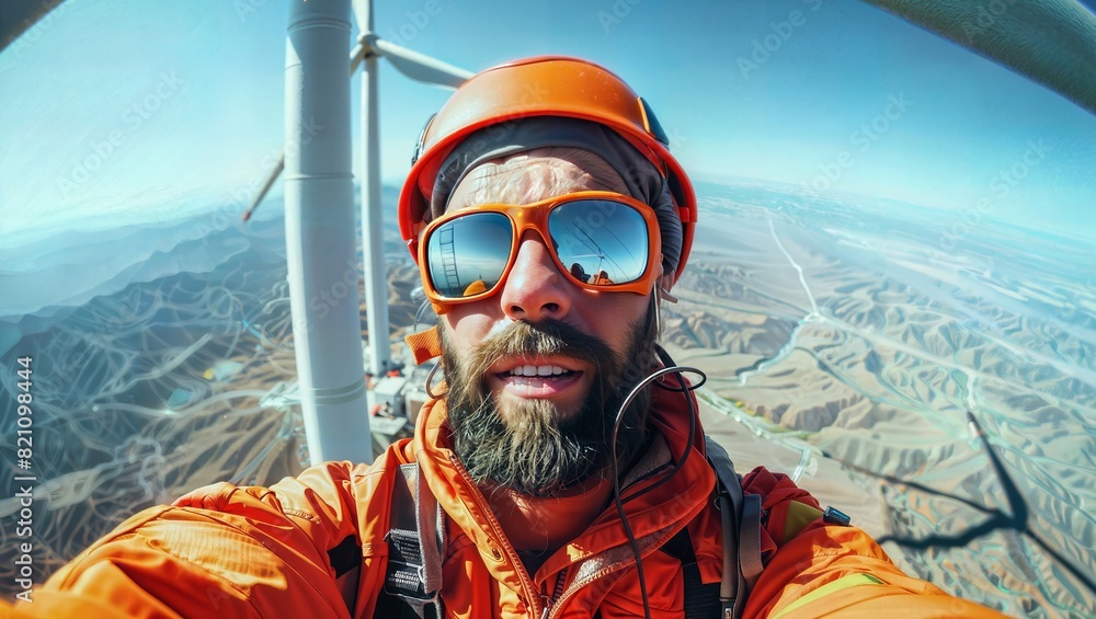 Safety-clad technician captures a selfie atop a towering wind turbine, overlooking a scenic landscape under the clear blue sky. Safety-clad technician captures a selfie atop a towering wind turbine, overlooking a scenic landscape under the clear blue sky.