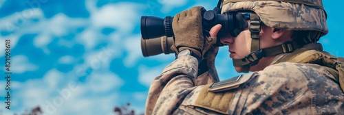 A person in military attire gazes ahead with binoculars, face obscured, and blue sky background