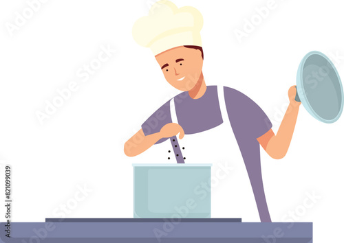 Illustration of a smiling chef sprinkling salt into a pot while cooking