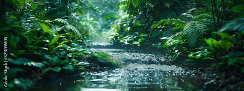 A serene, forest stream background with flowing water and lush greenery.