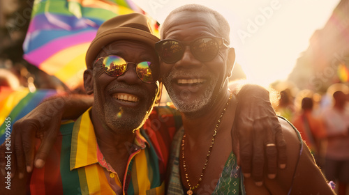 Happy senior black gay couple smiling at pride parade. Elderly african american male friends hugging celebrating lgbqt+ rights at summer event photo