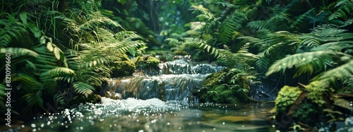 A serene, forest stream background with flowing water and lush greenery.