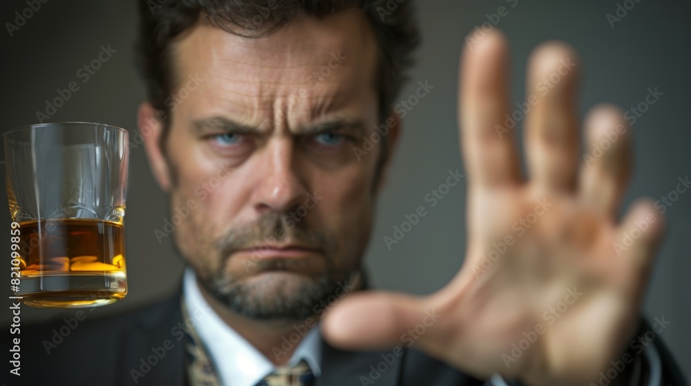 man refuses say no and avoid to drink an alcohol whiskey , stopping hand sign male, alcoholism treatment, alcohol addiction, quit booze, Stop Drinking Alcohol. Refuse Glass liquor, unhealthy, reject man refuses say no and avoid to drink an alcohol whiskey , stopping hand sign male, alcoholism treatment, alcohol addiction, quit booze, Stop Drinking Alcohol. Refuse Glass liquor, unhealthy, reject