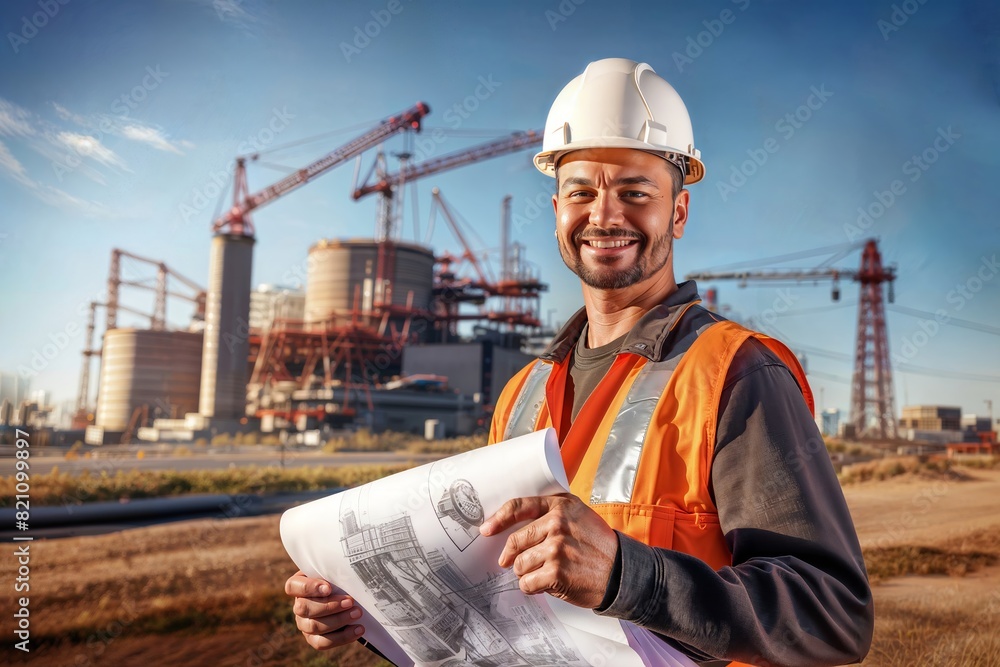 Smiling construction worker in a hard hat and safety vest holding blueprints at an industrial construction site with large tanks and cranes in the background. Smiling construction worker in a hard hat and safety vest holding blueprints at an industrial construction site with large tanks and cranes in the background.