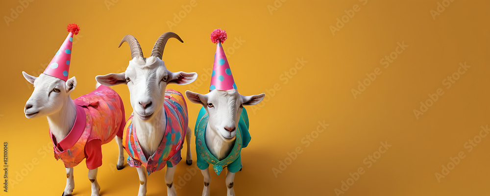 Three white goats dressed in festive attire (party hats and pink outfits) stand against a vibrant yellow background.