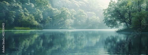 A serene, lake background with still waters and reflections of the surrounding trees.