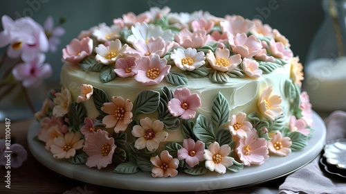 A floral-inspired birthday cake decorated with delicate sugar flowers and leaves  reminiscent of a blooming garden