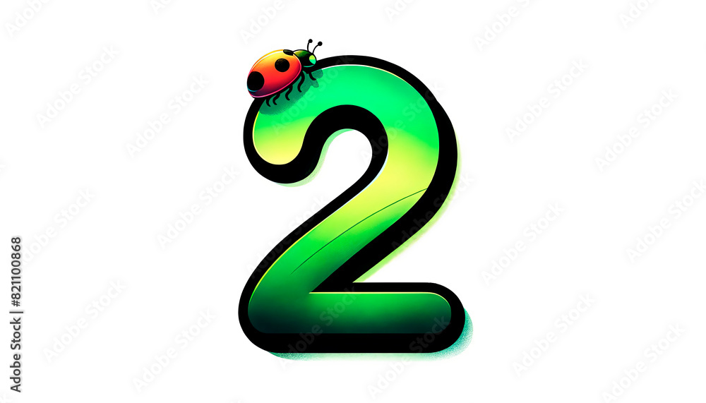 Naklejka premium Number 2 with a ladybug on a green gradient background. Concept: nature, simplicity, whimsy. Suitable for children’s materials, educational content, environmental campaigns, and spring-themed designs.