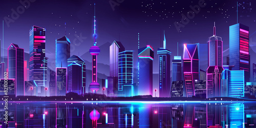 Futuristic Cityscape at Night, Urban Innovation, Smart Cities, Advanced Infrastructure, Neon Lights #821100802