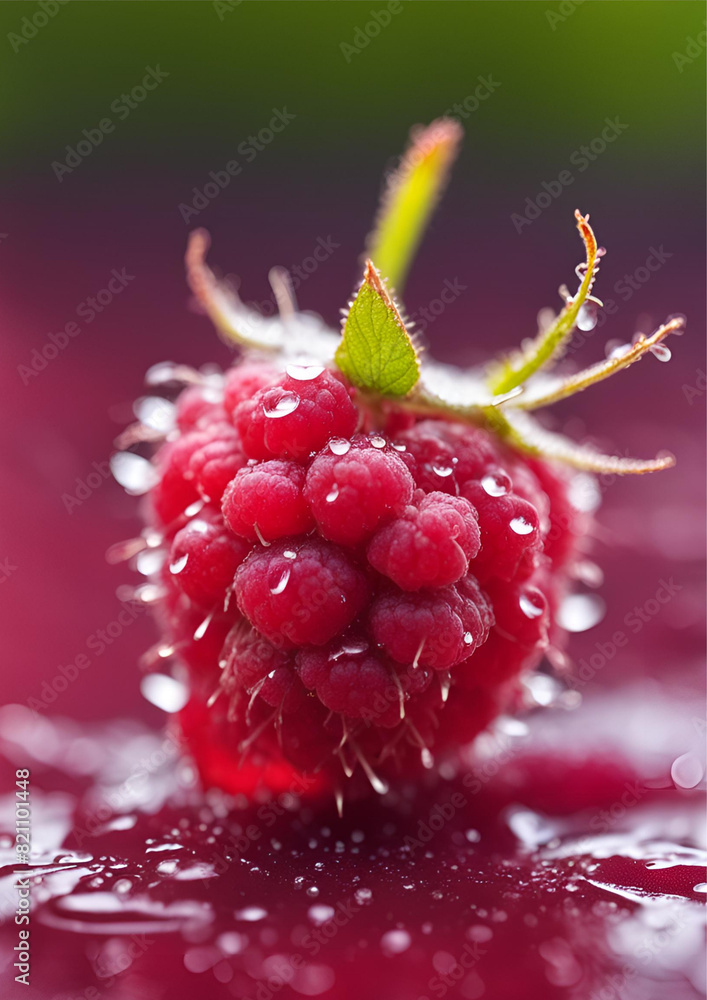 Close-Up of Fresh Raspberry, Dew Drops, Vibrant Red Fruit, Green Leaf, Natural Berries, Juicy Raspberry, Organic Produce, Macro Photography Close-Up of Fresh Raspberry, Dew Drops, Vibrant Red Fruit, Green Leaf, Natural Berries, Juicy Raspberry, Organic Produce, Macro Photography