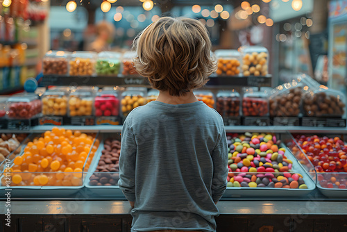 A child gazes eagerly at a colorful shop display filled with an array of tempting sweets, highlighting the wonder and joy of childhood indulgence